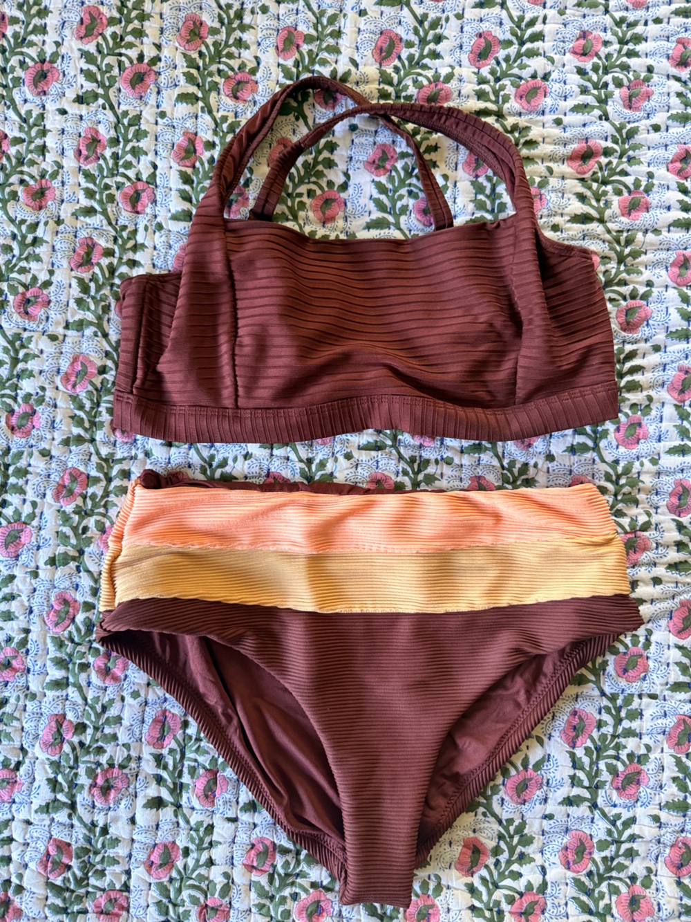Rhythm Large D-cup Bikini in Chocolate Brown with Sunset Stripes